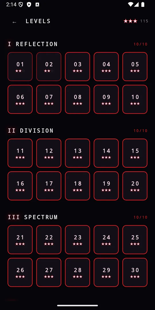 PRISM level select screen showing four chapters and earned stars